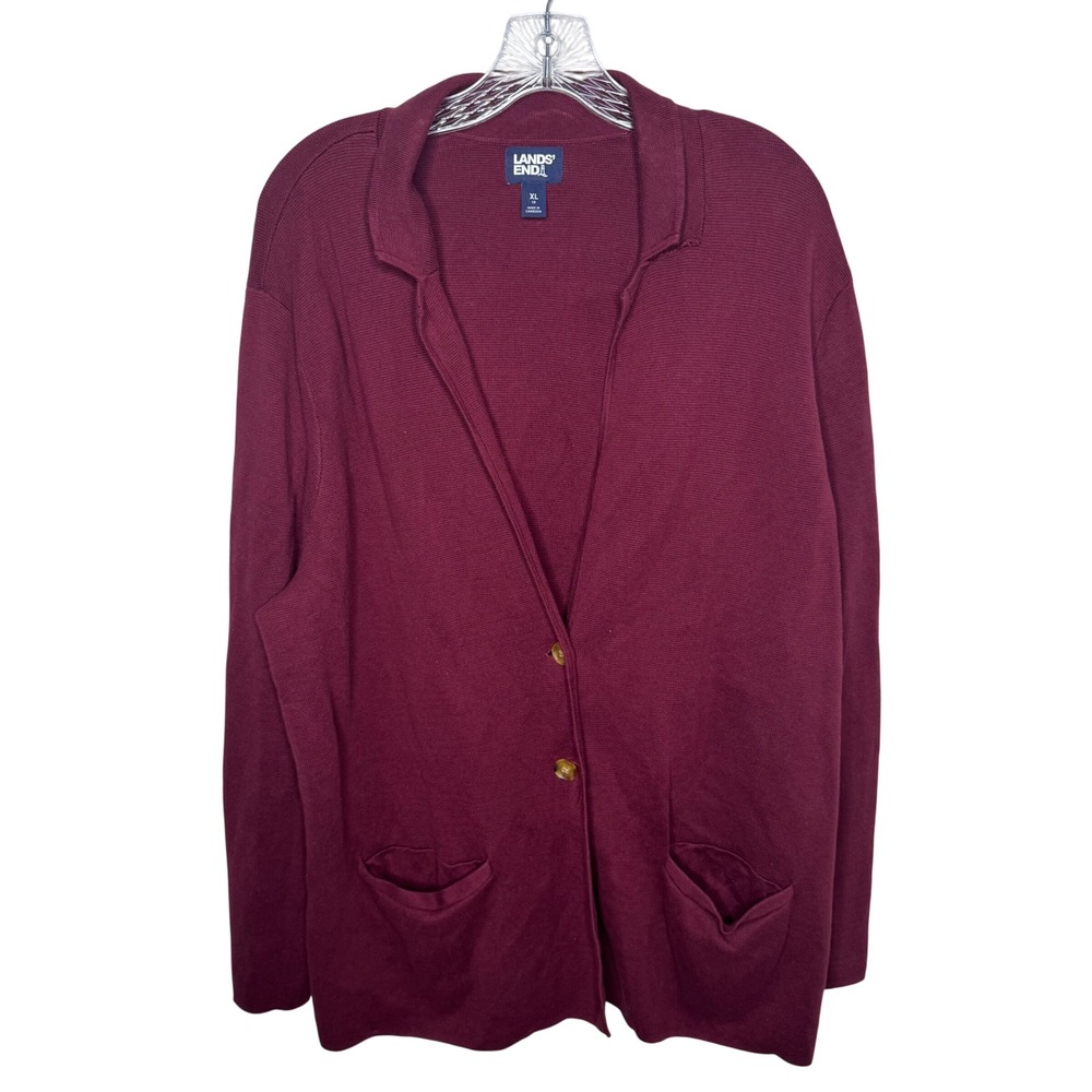 Lands End Burgundy‎ Cardigan Sweater Blazer Jacket XL 18 Cotton Pockets